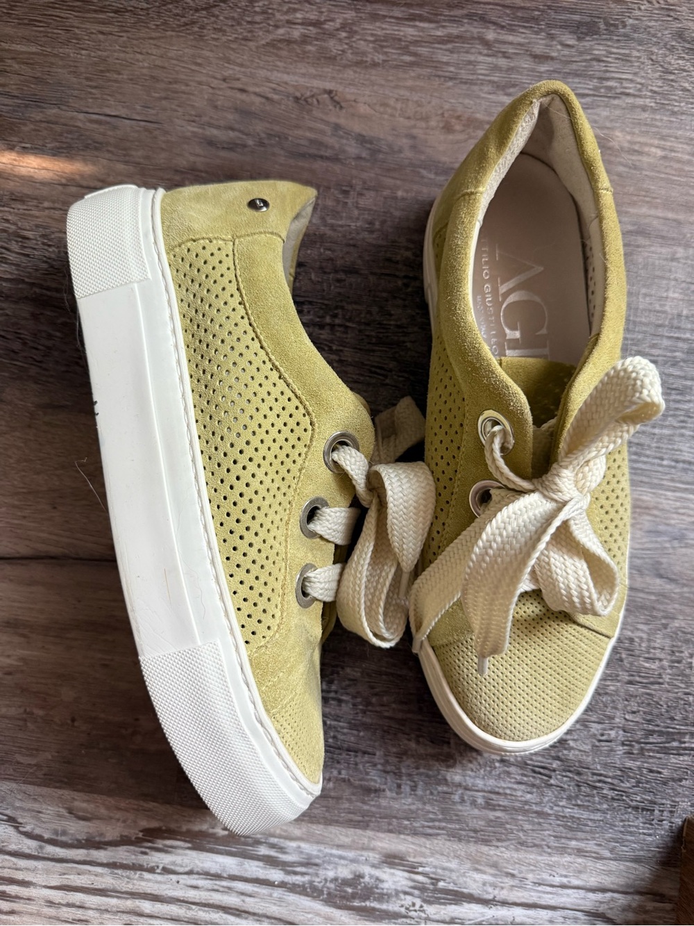 AGL Chartreuse Perforated Suede Lace-Up Sneakers with White Platform Sole